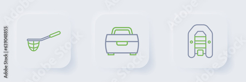 Set line Inflatable boat with motor, Fishing hook and net icon. Vector