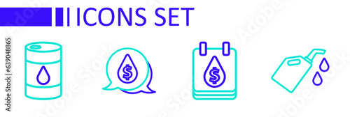 Set line Canister for motor machine oil, Oil drop with dollar symbol, and Barrel icon. Vector