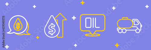 Set line Tanker truck, Word oil, Oil price increase and drop with dollar symbol icon. Vector