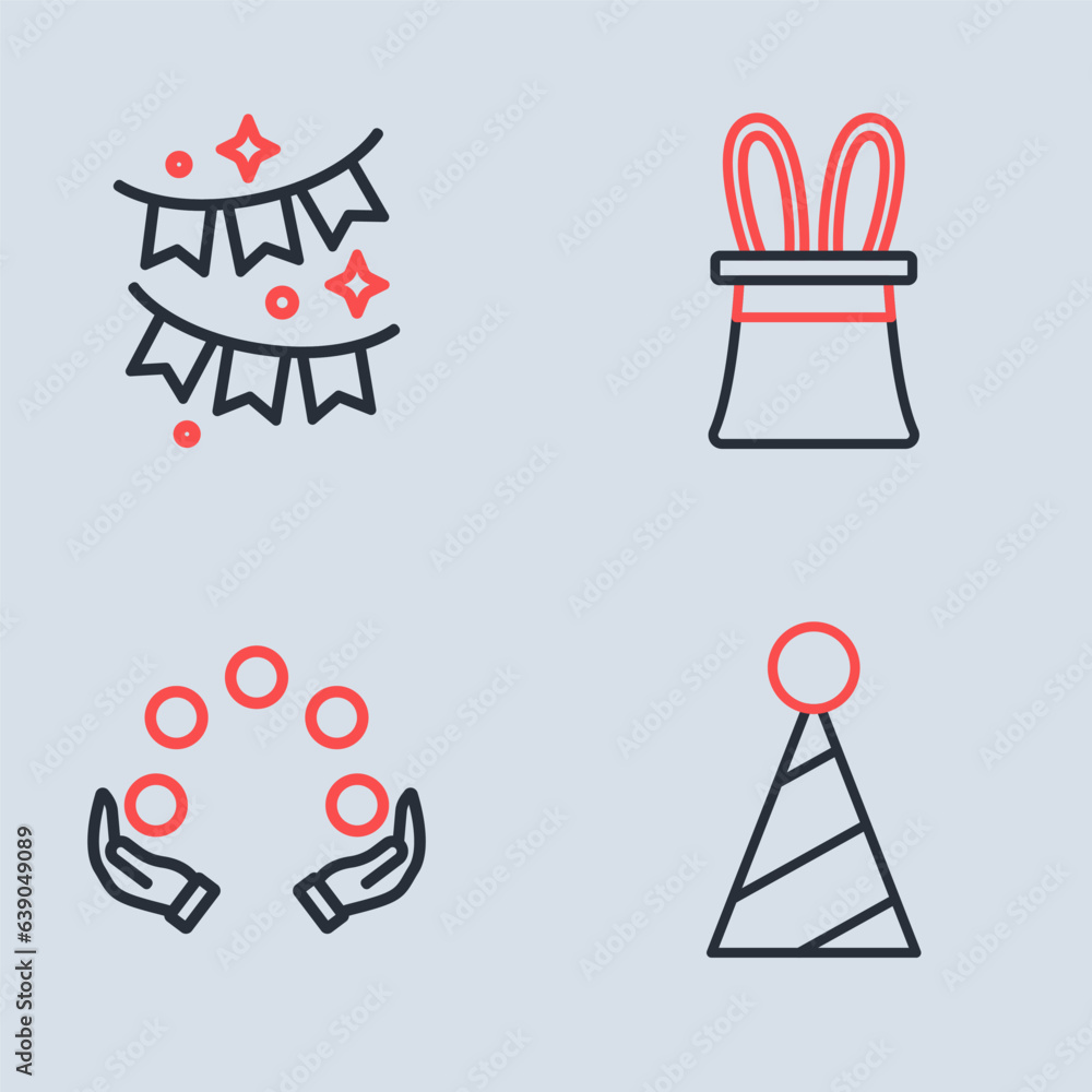 Set line Magician hat and rabbit ears, Juggling ball, Party and Carnival garland with flags icon. Vector Set line Magician hat and rabbit ears, Juggling ball, Party and Carnival garland with flags icon. Vector