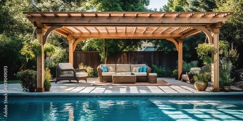 Backyard living space with outdoor furniture next to pool under a pergola