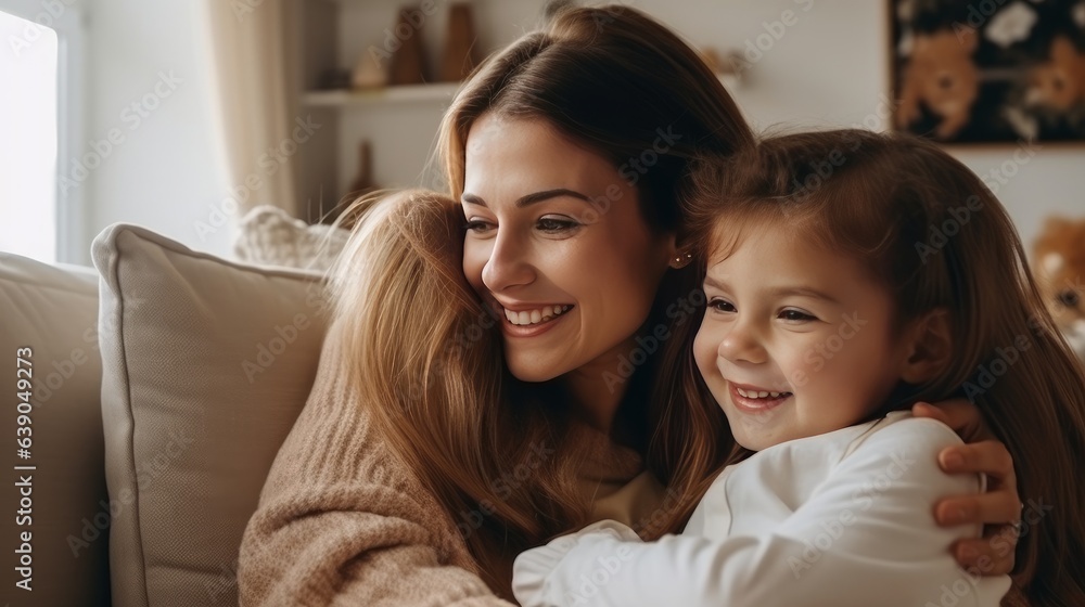 Family with little daughter resting on sofa in living room Family with little daughter resting on sofa in living room