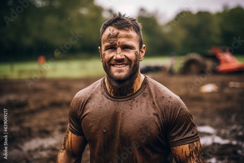 Athlete with mud on his face in a mud pit.