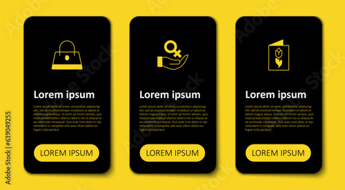 Set Greeting card with 8 March, Female gender symbol and Handbag. Business infographic template. Vector