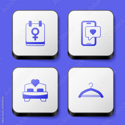 Set Calendar with 8 March  Mobile heart  Bedroom and Hanger wardrobe icon. White square button. Vector