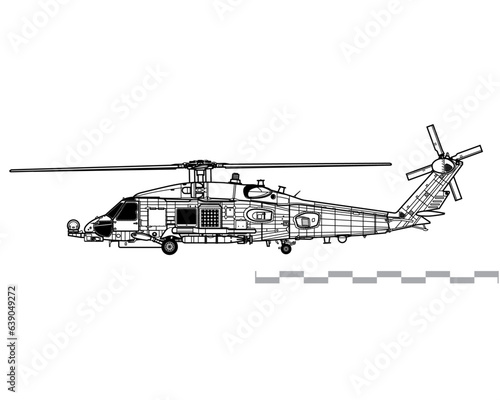 Sikorsky MH-60R Seahawk. Vector drawing of anti submarine helicopter. Side view. Image for illustration and infographics.