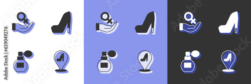 Set Woman shoe, Female gender symbol, Perfume and icon. Vector