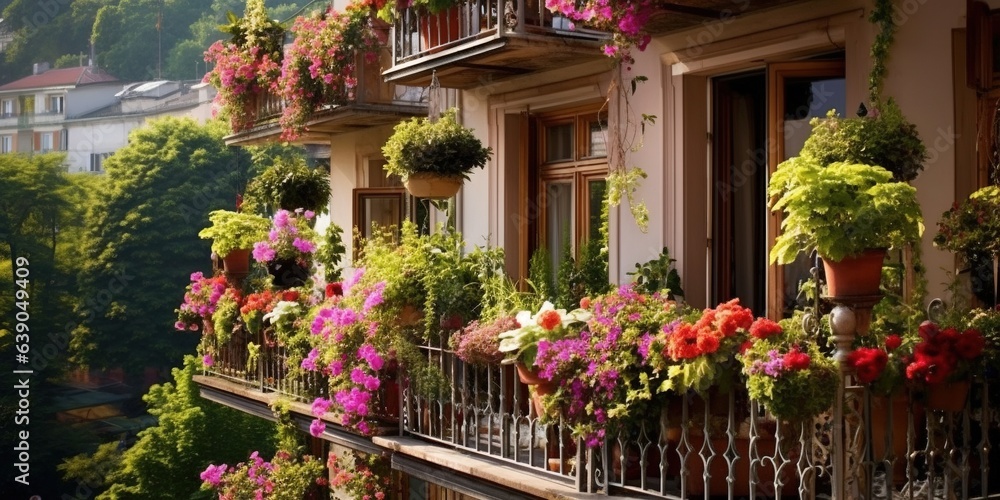 Obraz premium Beautiful balcony with lots of flowering plants.