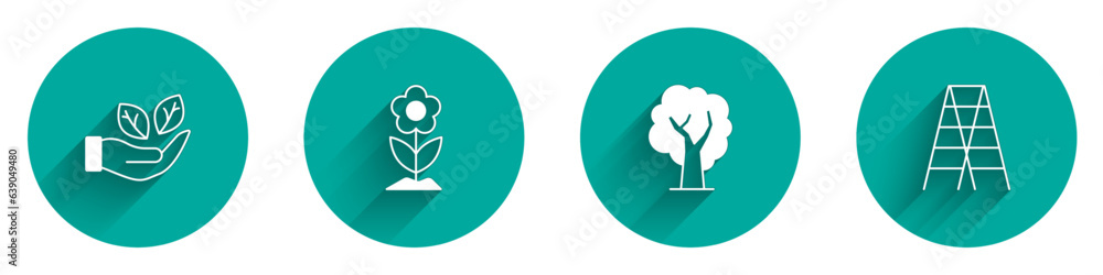 Set Leaf in hand, Flower, Tree and Wooden staircase icon with long shadow. Vector Set Leaf in hand, Flower, Tree and Wooden staircase icon with long shadow. Vector