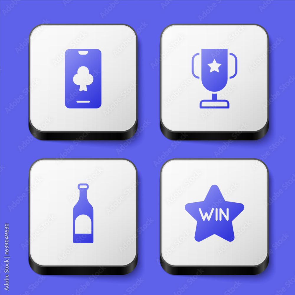 Set Online poker table game, Casino trophy cup, Bottle of wine and icon. White square button. Vector Set Online poker table game, Casino trophy cup, Bottle of wine and icon. White square button. Vector
