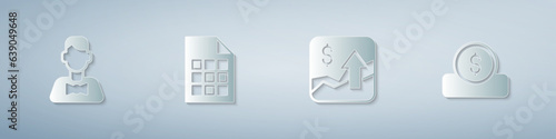 Set Casino dealer, Lottery ticket, Financial growth increase and Coin money with dollar. Paper art style. Vector