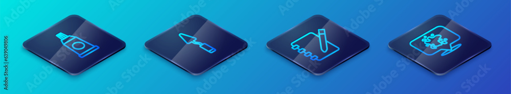 Set Isometric line Notebook, Tube with paint palette, Paint spray and Palette knife icon. Vector Set Isometric line Notebook, Tube with paint palette, Paint spray and Palette knife icon. Vector