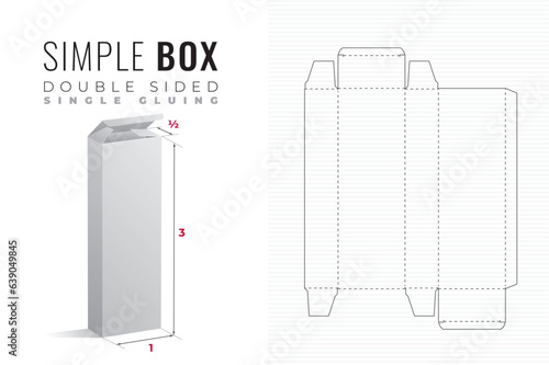Double Sided Simple Packaging Box Die Cut Half Length Triple Height Template with 3D Preview - Black Blueprint Layout with Cutting and Scoring Lines on Background - Draw Design