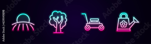 Set line Sunrise, Tree, Lawn mower and Watering can. Glowing neon icon. Vector