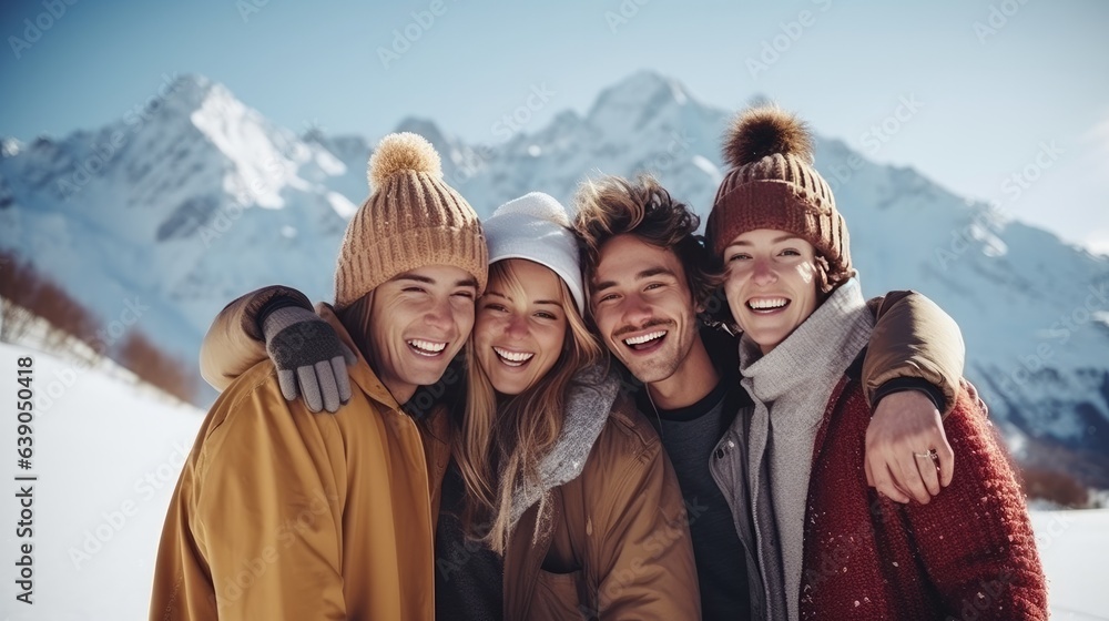 Four happy friends are standing and embracing against snow capped mountains at sunny day. Winter vacations concept