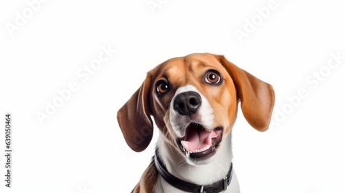 Friend. Portrait of funny active pet, cute dog Beagle posing isolated over white studio background. Concept of motion, action, pets love, animal life. Looks happy, delighted. Copyspace for ad © Khalida