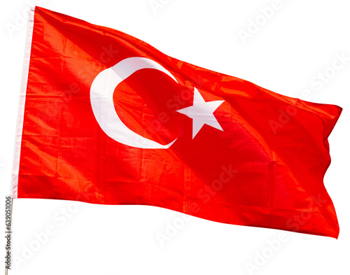 Close-up picture of national red flag of Turkey. Isolated over white background
