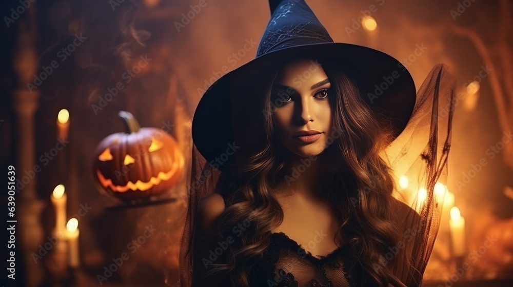 Halloween Witch with a carved Pumpkin and magic lights in a dark forest. Beautiful young surprised woman in witches hat and costume holding pumpkin. Wide Halloween party art design Halloween Witch with a carved Pumpkin and magic lights in a dark forest. Beautiful young surprised woman in witches hat and costume holding pumpkin. Wide Halloween party art design