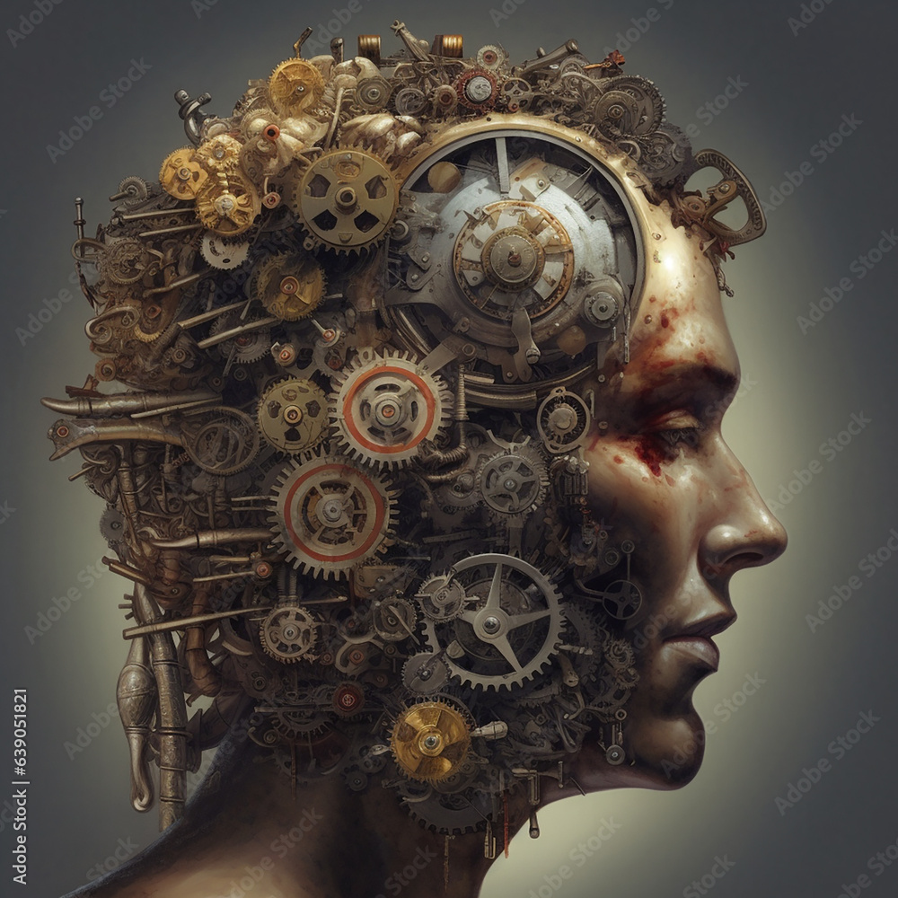Man with mechanisms in his head. Technological man concept..