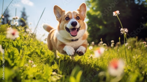 Happy and active purebred Welsh Corgi dog outdoors in the grass on a sunny summer day