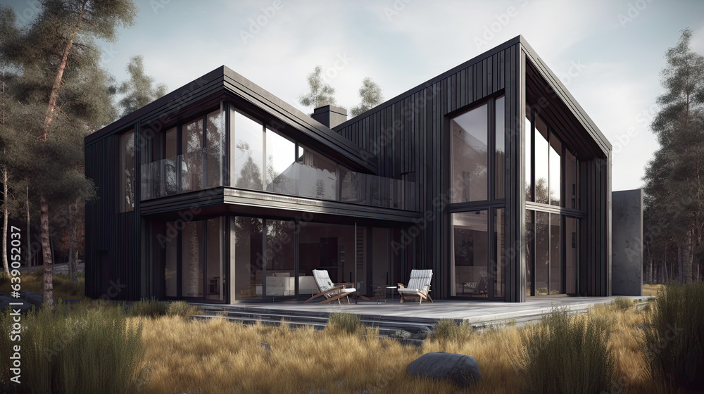 Luxury homes exterior. Houses in suburb at summer in north nature. house with nice landscape. Suburban homes exterior in wood. Scandinavian style Luxury homes exterior. Houses in suburb at summer in north nature. house with nice landscape. Suburban homes exterior in wood. Scandinavian style