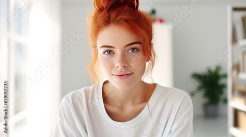 Happy cheerful young woman wearing her red hair in bun rejoicing at positive news or birthday gift, looking at camera with joyful and charming smile. Ginger student girl relaxing indoors after college