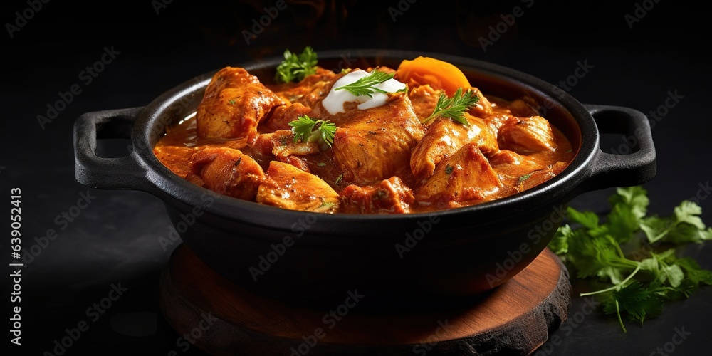 Chicken tikka masala in a clay pot on black background Chicken tikka masala in a clay pot on black background