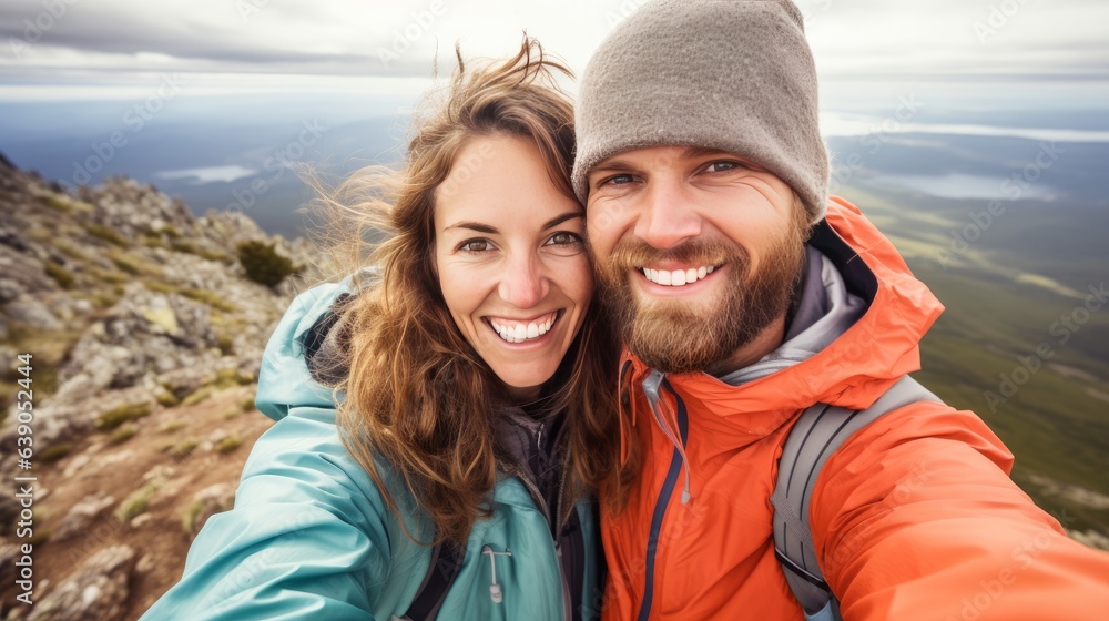 Happy couple taking a selfie hiking mountains - Successful hikers on the top of the peak smiling at camera