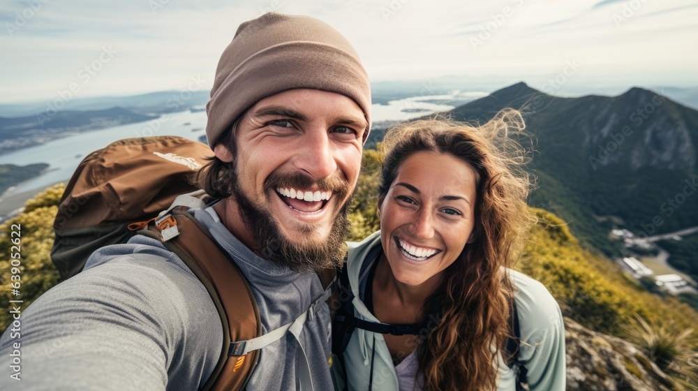 Happy couple taking a selfie hiking mountains - Successful hikers on the top of the peak smiling at camera
