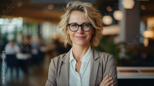 A smart businesswoman is working in her office with staff. 