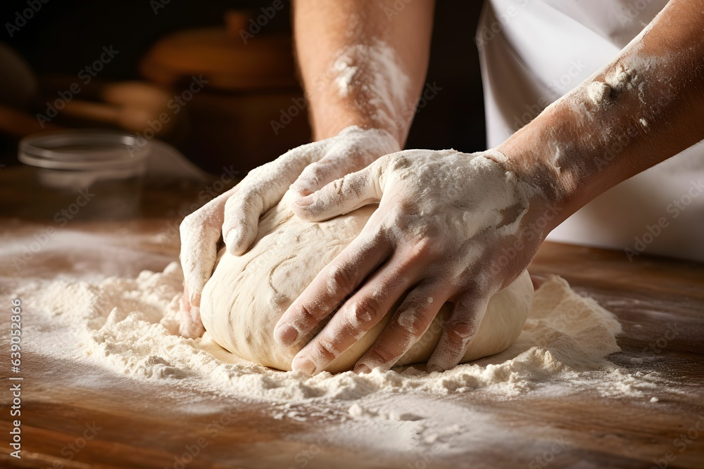 Ein Bäcker knetet Teig mit seinen Händen auf einer mit Mehl bedeckten Oberfläche.