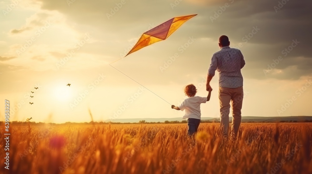 Happy family father and child on meadow with a kite in the summer on the nature - obrazy, fototapety, plakaty 