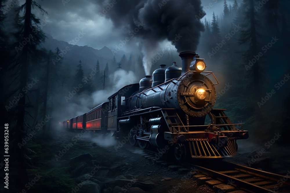 a steam engine train traveling through a foggy night filled forest with ...