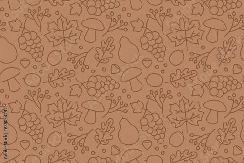 autumn seamless pattern with leaves, hazelnuts, grapes, pears, plums, and musrooms- vector illustration