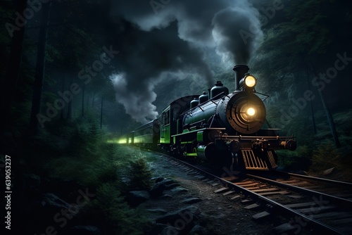 a steam engine train traveling through a foggy night filled forest with smoke billowing from it's stacks and a bright light on its head | Generative AI