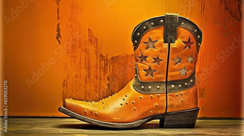 Wild West retro cowboy old leather boots on wooden floor. Vintage style filtered photo with copy space photo