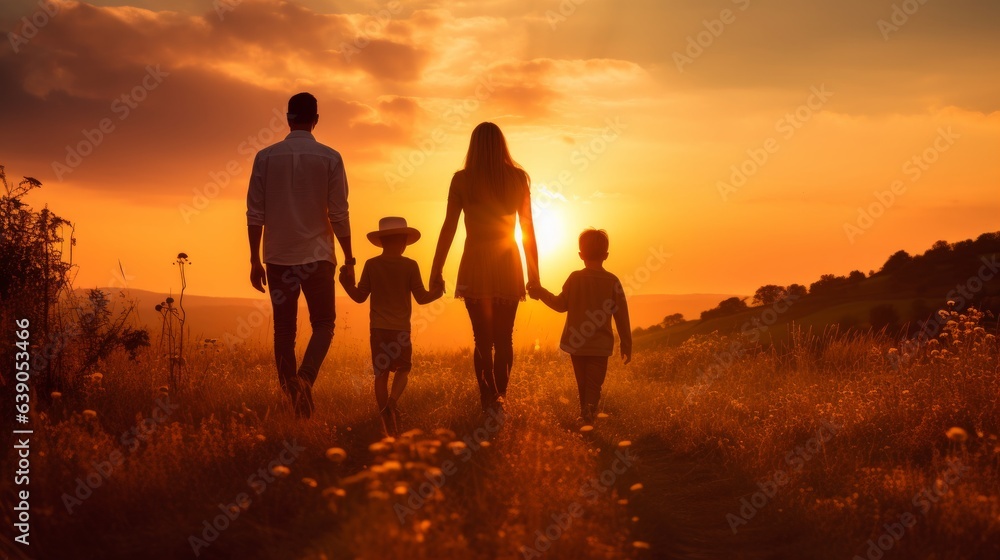 Happy family: mother, father, children son and  daughter on nature  on sunset
