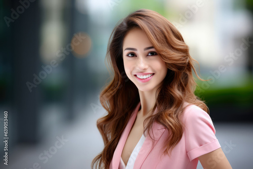 Confident and Ambitious Office Employee: A Beautiful Young Woman with Long Brown Hair and a Pink Blazer Jacket, Rocking a Trendy Pink Gingham Dress, Poses with a Charismatic Smile