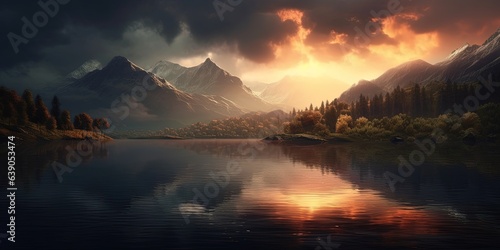 Clouds over mountain lake at dawn  sunrise over beautiful mountain lake