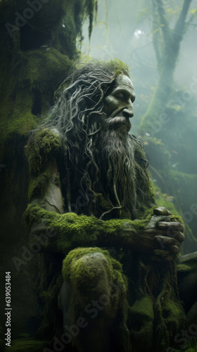 Guardian of Nature. Statue of a wise old man covered in green moss, plants and roots, meditating in the wood - Mystical myth and legend, spirit of the forest.