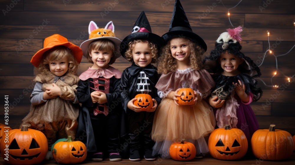 Fototapeta premium Happy Halloween! Children in carnival costumes on multicolor background.