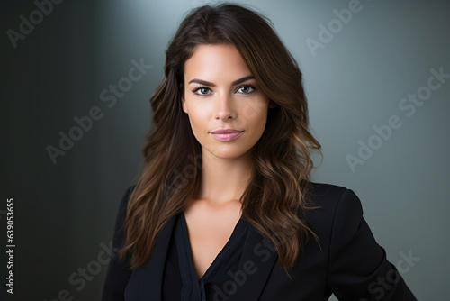 Empowering and Influential Businesswoman: A Captivating Portrait of a Motivated, Goal-Oriented Role Model with Long Brown Hair, Wearing a Black Blazer, and Communicating with Confidence