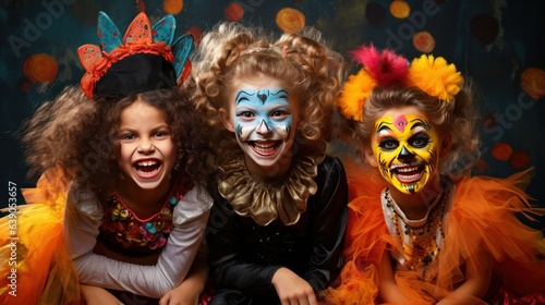Happy Halloween! Children in carnival costumes on multicolor background.