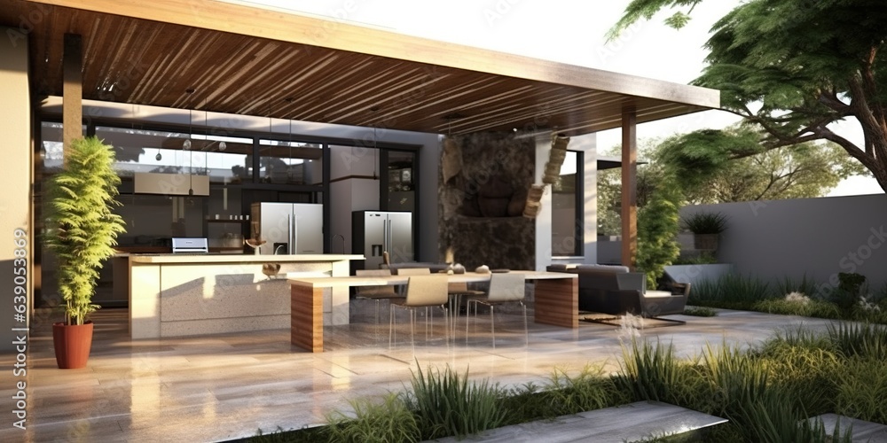 Contemporary patio with kitchen area.