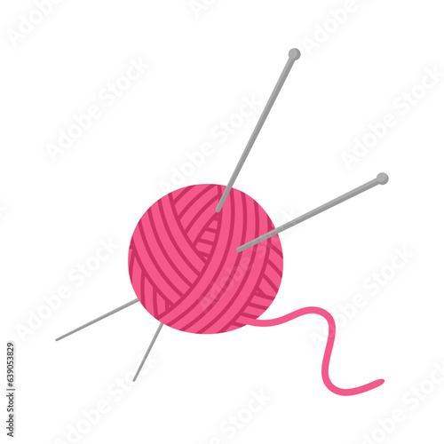 Skein of thread for knitting and knitting needles. Pink clew ball of thread isolated on white background. Flat illustration of Knitting needles and clew. Ball of yarn for handmade. Vector illustration
