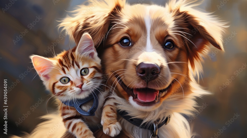 Happy mixed breed dog portrait with a kitten on his head