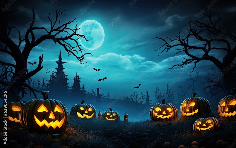 Fototapeta premium Spooky Halloween background with pumpkin, trees and bats
