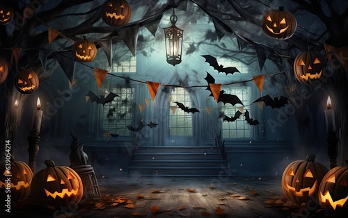 Spooky Halloween background with jack-o-lanterns, and bats