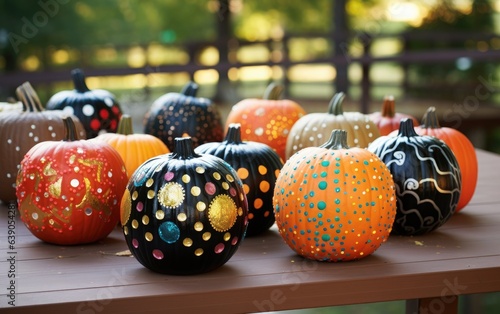 Painted and decorated colorful Halloween pumpkins on a wooden table outside