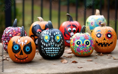 Painted and decorated colorful Halloween pumpkins with faces outside